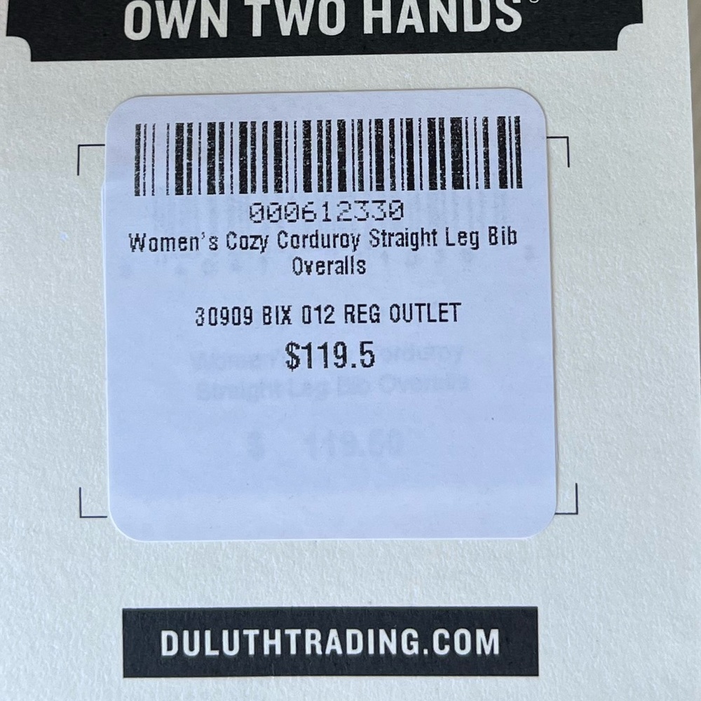 Duluth trading co womens cozy corduroy straight leg bib overalls cream 12 NWT - Picture 7 of 7